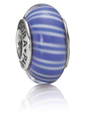 PANDORA Blue Candy Stripes Charm Authentic Murano Italian Glass Silver Colour